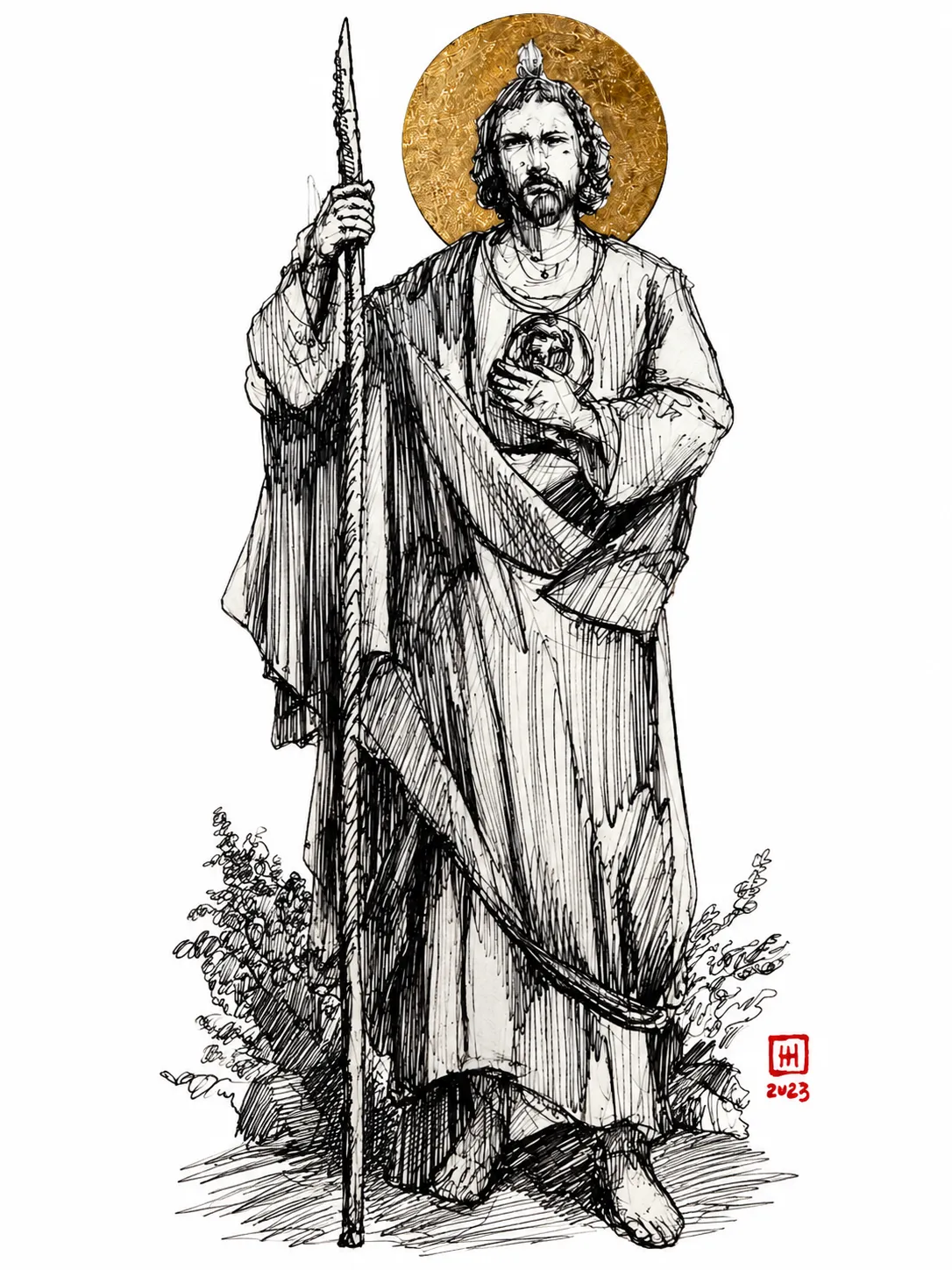 Dibujo a tinta de San Judas Tadeo de pie, con báculo, medallón al pecho y halo dorado, entre plantas.